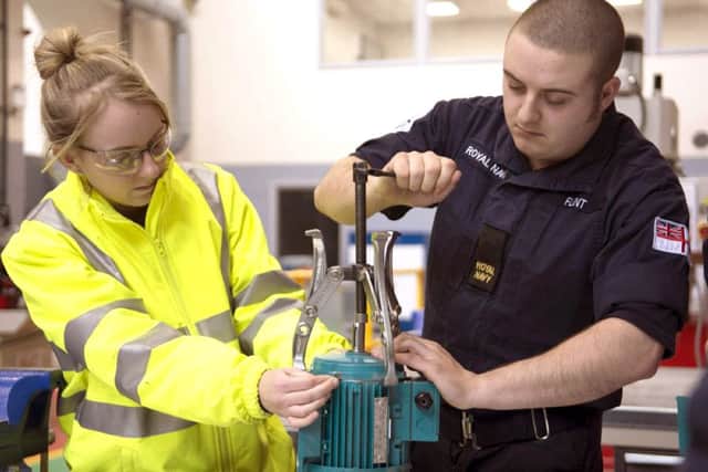 Royal Navy engineers swapped jobs with BAE Systems apprentices for a day at Portsmouth Naval Base