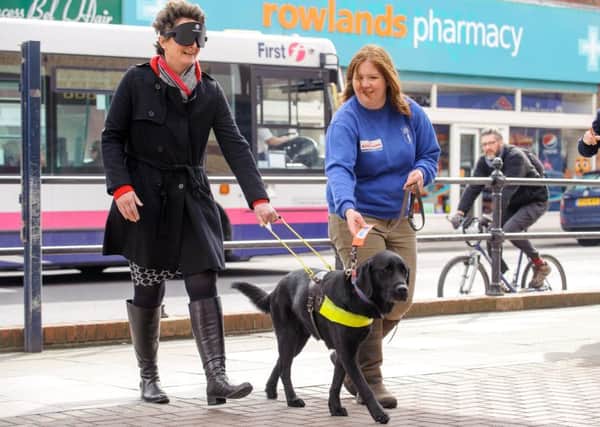Portsmouth South MP Flick Drummond walking blindfolded in Fratton Road with guide dog Taylor and Jo Nash from Guide Dogs Picture: Allan Hutchings (160409-055)