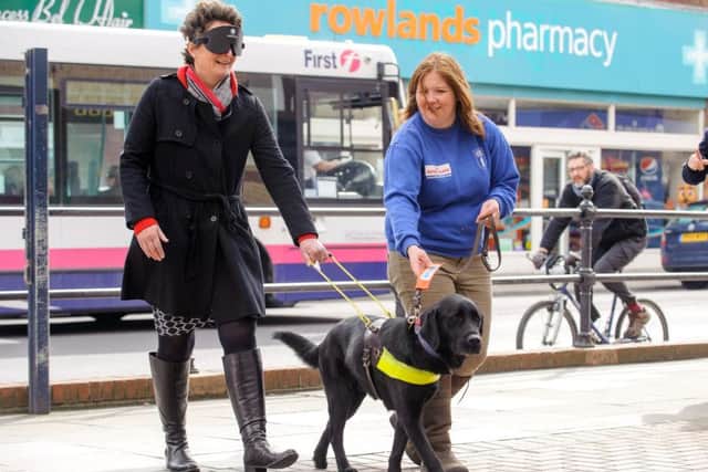 Portsmouth South MP Flick Drummond walking blindfolded in Fratton Road with guide dog Taylor and Jo Nash from Guide Dogs Picture: Allan Hutchings (160409-055)