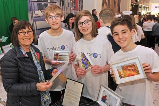 CHALLENGE Jane Blake meets St Edmunds School pupils Oscar Lake, Rose McEvoy and Alvaro Abril                                                                           Picture: Ian Hargreaves  (160346-4)
