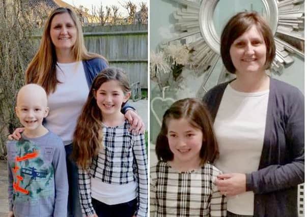 Left-hand picture: Seth Rowsell, Andrea Marshall and Niamh Roseveare before the chop and right, Niamh and Andrea after the haircut  In aid of the Piam Brown Ward in Southampton, which has cared for Seth, with the hair going to the Little Princess Trust