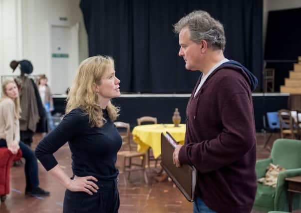 Abigail Cruttenden in rehearsal for An Enemy of The People with Hugh Bonneville. Photo by Manuel Harlan