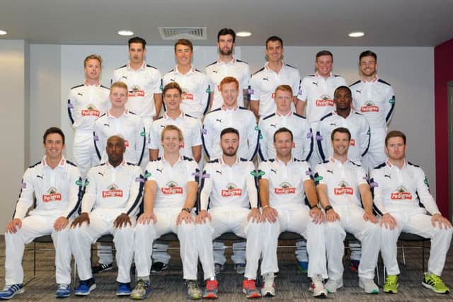 Hampshire trio Reece Topley, back row, centre, James Vince, front row, centre, and Liam Dawson, front row, far right, were part of Englands T20 World Cup squad who finished runners-up in India earlier this month    Picture: Sarah Standing