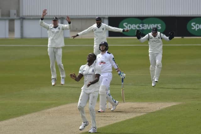 Warwickshire bowler Keith Barker ended the day with figures of five for 44 at the Ageas Bowl       Pictures: Neil Marshall