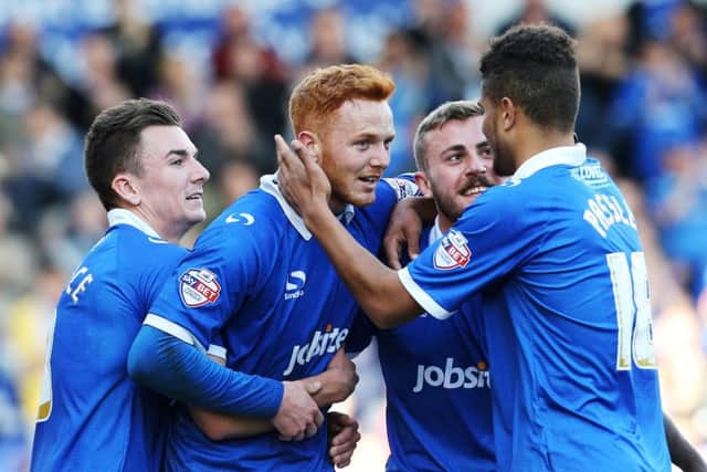 Ryan Taylor celebrates netting against Plymouth in April 2015