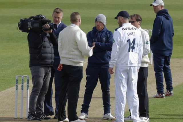 Warwickshire captain Ian Bell, centre - seen before the start of play against Hampshire - impressed on day three with a classy century Picture: Neil Marshall