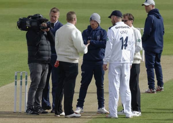 Warwickshire captain Ian Bell, centre - seen before the start of play against Hampshire - impressed on day three with a classy century   Picture: Neil Marshall