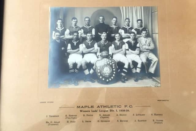 MAPLE ATHLETIC. Back row: J Thompson, N Newton, R Pound, R Abrams (captain), A Milton, F Loveless, S Hansell. Front: G Allan (treasurer), Harry Ford, L Smith, G Stockley, S Ripiner, A Bampton, E Cooper (trainer)