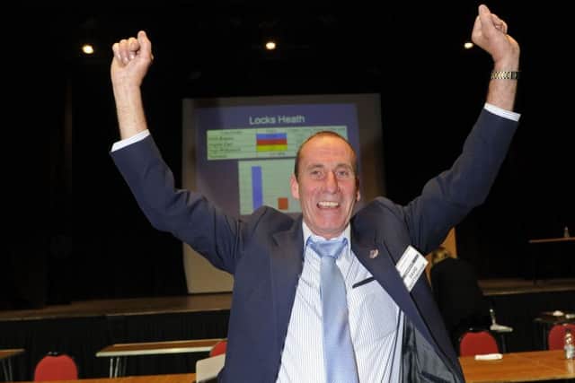 03/05/12 CBConservative party winning candidate, David Whittingham celebrates during the local election count for Fareham at Ferneham Hall.Picture: Ian Hargreaves 4 ENGPPP00120120405025329
