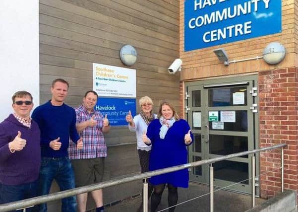 Conservative members have been criticised for giving a thumbs up outside the axed Southsea Children's Centre. L-R- Cllr Neill Young, Jim Fleming, Cllr Lee Mason, Cllr Linda Symes and Cllr Donna Jones