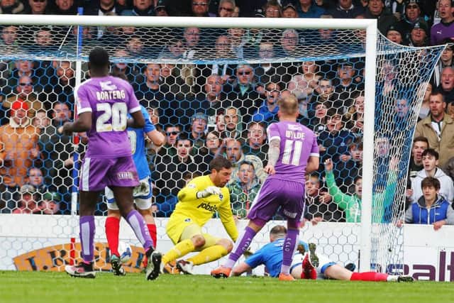Plymouth's Gregg Wylde scores to condemn Pompey to a gut-wrenching late defeat at Fratton Park Picture: Joe Pepler