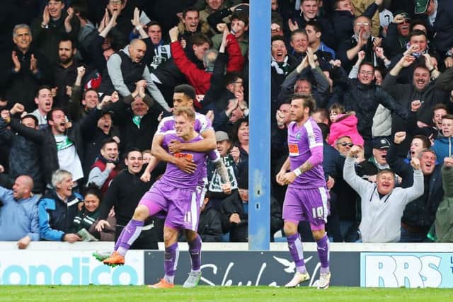 Plymouth's Gregg Wylde celebrates scoring the winning goal. Picture: Joe Pepler