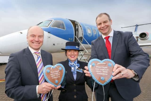 From left, Southampton Airport managing director Dave Lees with bmi regional's product delivery manager Kirsty Cruickshank and chief commercial officer Jochen Schnadt