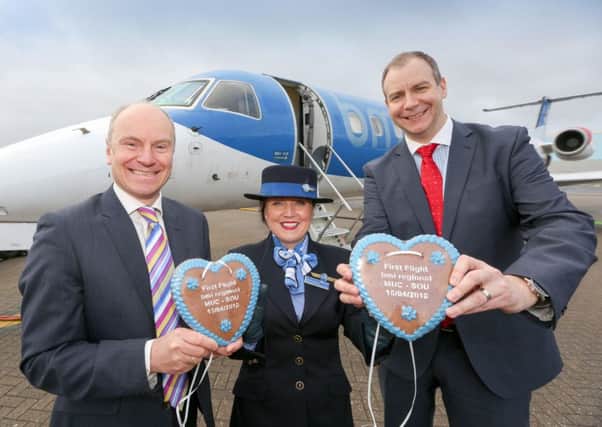 From left, Southampton Airport managing director Dave Lees with bmi regional's product delivery manager Kirsty Cruickshank and chief commercial officer Jochen Schnadt