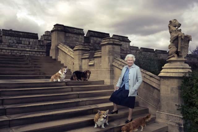 In this official photograph released by Buckingham Palace to mark her 90th birthday, Queen Elizabeth II is seen walking in the private grounds of Windsor Castle on steps at the rear of the East Terrace and East Garden with four of her dogs: clockwise from top left Willow (corgi), Vulcan (dorgie), Candy (dorgie) and Holly (corgi).
© 2016 Annie Leibovitz / PA Wire