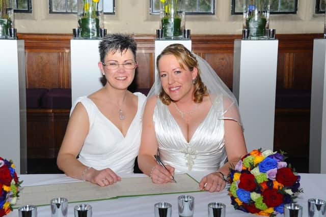 Mandy McBain and Sherry Conway on their wedding day. Picture: Kim Collins