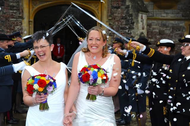 Mandy McBain and Sherry Conway on their wedding day. Picture: Kim Collins