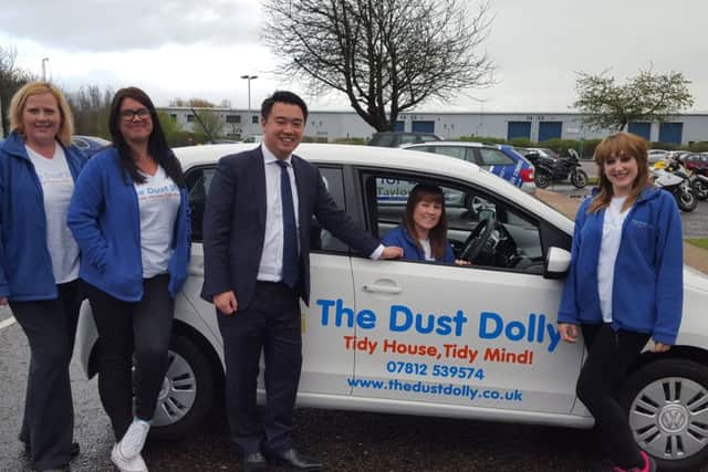 From left, Emma Marsh, Lynsey Lambourne, Alan Mak MP,  Kelly Edney in the drivers seat, and Gemma Colley from the Dust Dolly