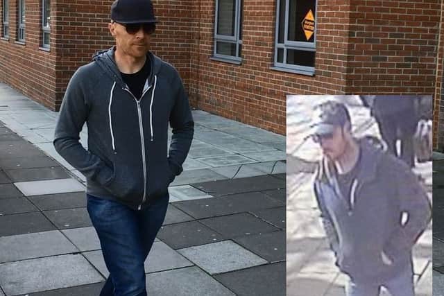 Police have run a reconstruction of the suspected hammer attacker's movements, pictured is a police officer acting out the role and inset the CCTV image