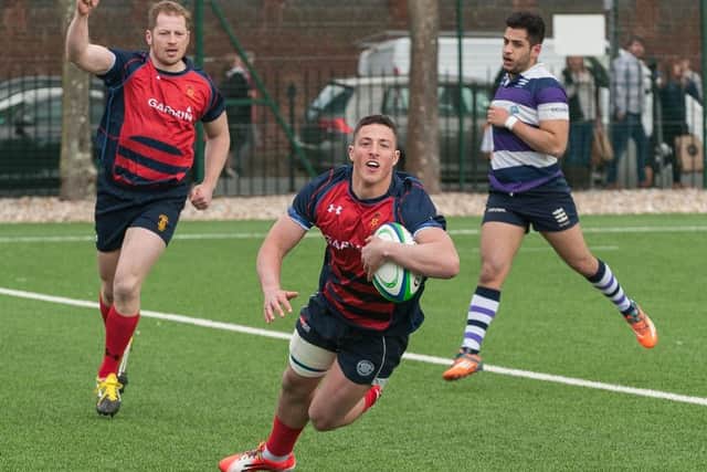 Full-back Tom Blewitt scores United Services Portsmouths first try in their impressive 54-27 win over Old Tiffinians at Burnaby Road Picture: Keith Woodland
