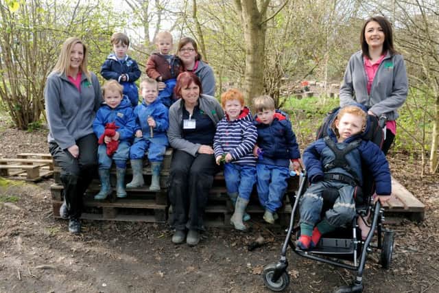From left, Forest school leaders Dawn White and Sue Evans (at the front), with early years practitioners Hannah Mitchell (at the back) and Charlotte Rix and the some of the children
Picture: Sarah Standing (160602-)