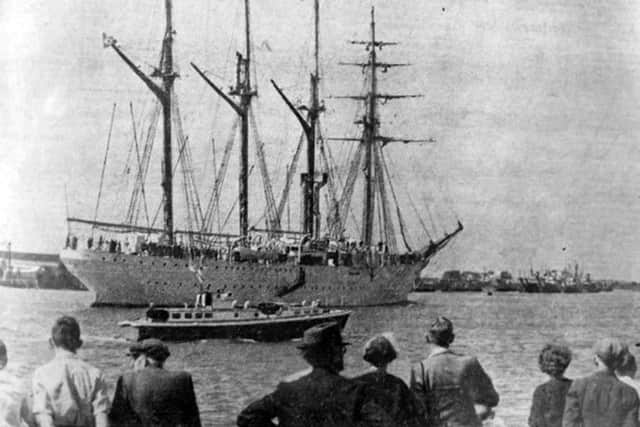 The four-masted Brazilian barquentine Almirante Saldanha entering Portsmouth Harbour in August 1950.