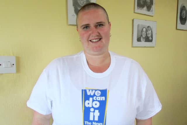 Caption: Donna Coney, 24, from Gosport shaved her head for charity.
Can you also assign the before picture which Allan took to be used as an insert please.