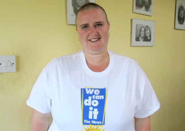 Caption: Donna Coney, 24, from Gosport shaved her head for charity. 

Can you also assign the before picture which Allan took to be used as an insert please.