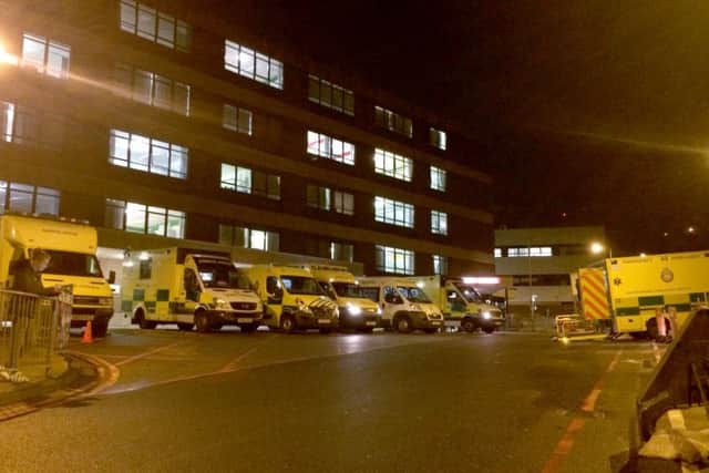 Ambulances queueing outside QA hospital onMonday, February 22- at most there were 16 waiting to deliver patients