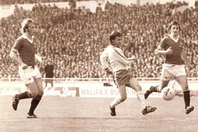 May 1976 - Bobby Stokes has outpaced the Manchester United defence and his shot, beats goalkeeper Alex Stepney