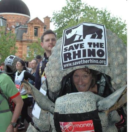 Gillian Silverthorn completed the London Marathon in a rhino costume