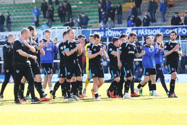 The Pompey players thank the travelling Blues fans for their support at the end of Saturday's match against Hartlepool Picture: Joe Pepler