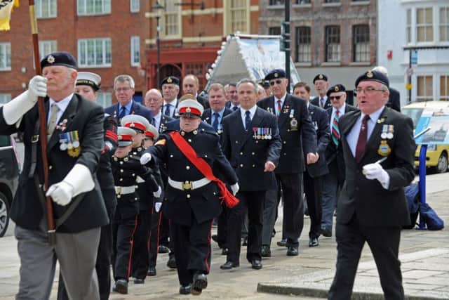 Former crew members of HMS Sheffield  at the ceremony