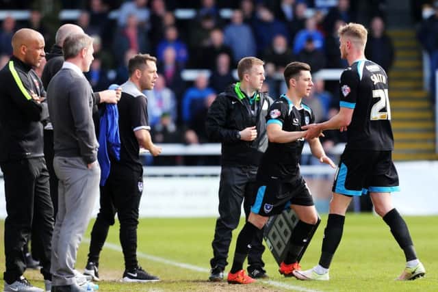 Conor Chaplin comes on to replace Michael Smith at Victoria Park. Picture: Joe Pepler