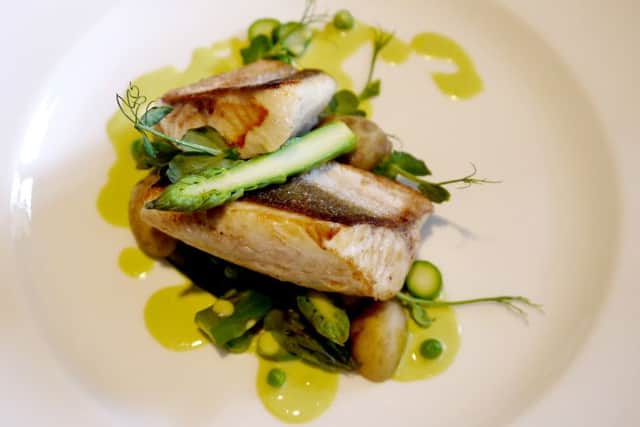 Gurnard with asparagus, peas and asparagus sauce