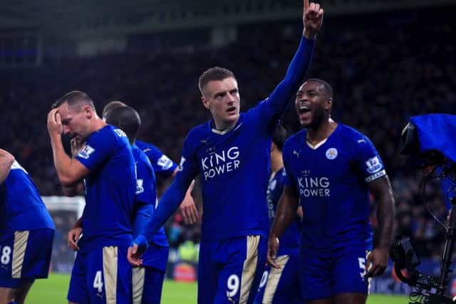 Leicester's Jamie Vardy and Wes Morgan celebrate
