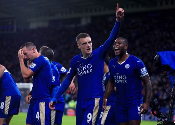 Leicester's Jamie Vardy and Wes Morgan celebrate