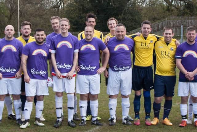 Gosports Gosham Rangers and Fareham Borough Town at a friendly in Petersfield Town FC for The Rainbow Centre