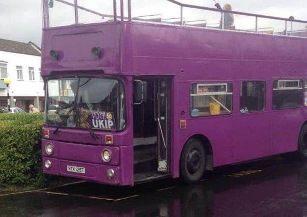 The Ukip bus parked in the taxi rank in Stubbington