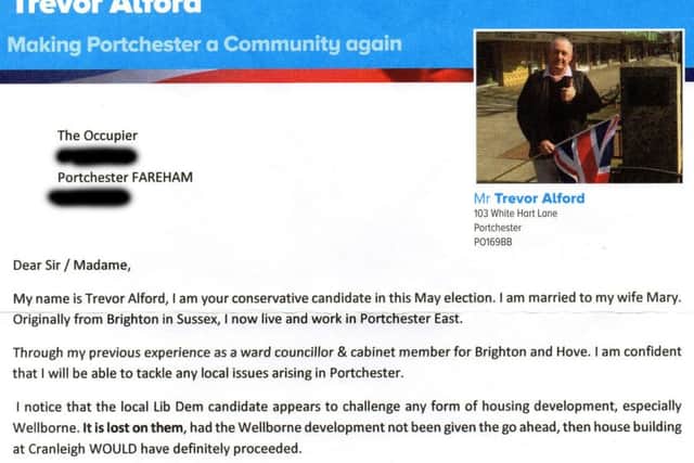 A leaflet produced by Tory candidate Trevor Alford in Portchester for the Fareham Borough Council elections has caused offence among his rivals