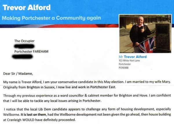 A leaflet produced by Tory candidate Trevor Alford in Portchester for the Fareham Borough Council elections has caused offence among his rivals