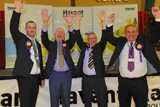 The Ukip group in Havant, from left, Gary Kerrin (Stakes), Malc Carpenter (Battins), John Davis (Warren Park) and John Perry (Hayling East) Picture: Malcolm Wells (160506-4495)