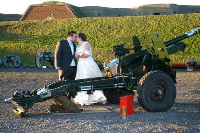Corey and Katy fired a 110 pound gun at Fort Nelson on their wedding day