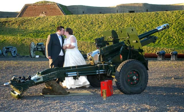 Corey and Katy fired a 110 pound gun at Fort Nelson on their wedding day