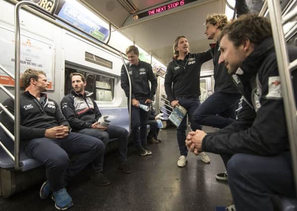 Sir Ben Ainslie, second left, with the rest of the Land Rover BAR crew on the New York subway Picture: Lloyd Images