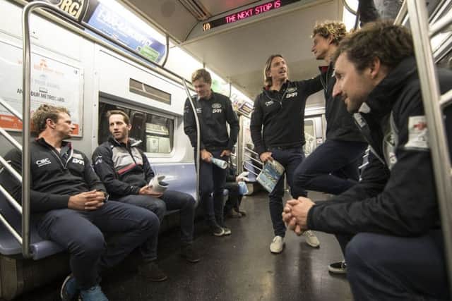 Sir Ben Ainslie, second left, with the rest of the Land Rover BAR crew on the New York subway Picture: Lloyd Images