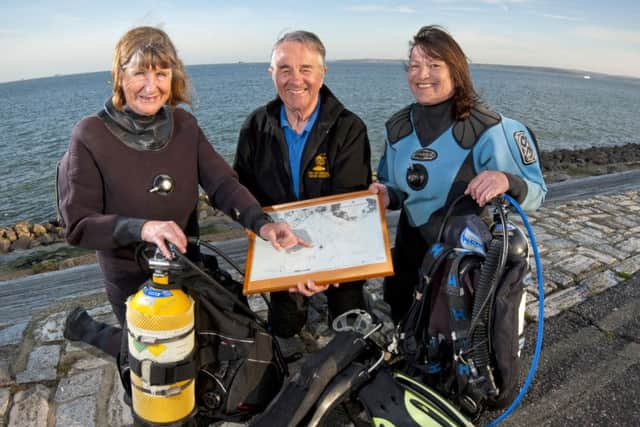 From left, Jane Maddocks, Dr John Bevan and Alison Mayor with the histographic chart that led John Towse to the site of the Mary Rose