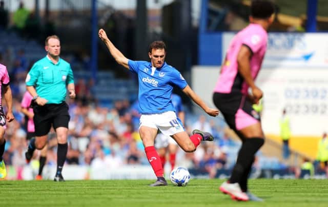 Kal Naismith scores for Pompey in their 2-1 loss to Northampton    Picture: Joe Pepler