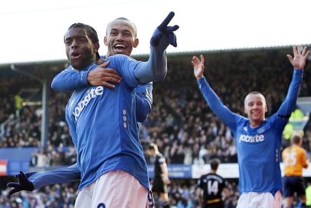 Frederic Piquionne celebrates after scoring in Pompey's FA Cup quarter-final win over Birmingham in March 2010