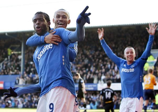 Frederic Piquionne celebrates after scoring in Pompey's FA Cup quarter-final win over Birmingham in March 2010